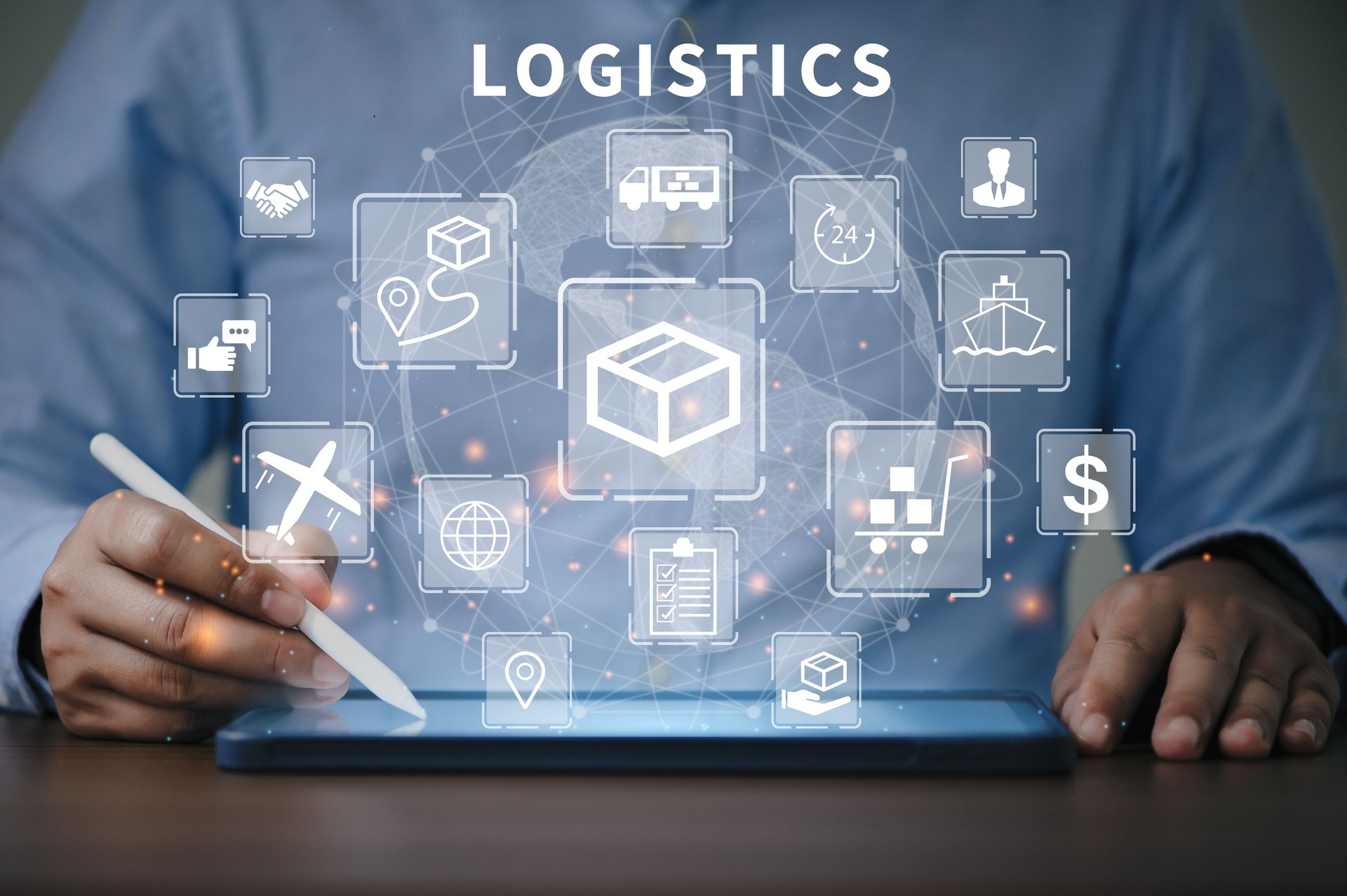 Businessman using a tablet show workflow for global logistic service modern for export and import, warehouse business, transport, Box storage, distribution, cargo delivery concept.